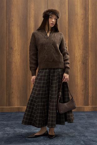 İdil Ekose Parçalı Etek - Kahverengi 