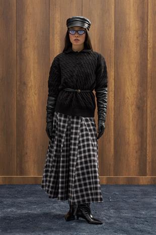 İdil Ekose Parçalı Etek - Siyah 