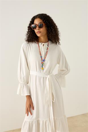 Isolde Kemerli Keten Elbise - Beyaz