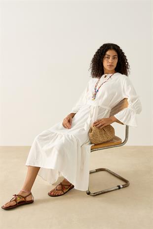 Isolde Kemerli Keten Elbise - Beyaz