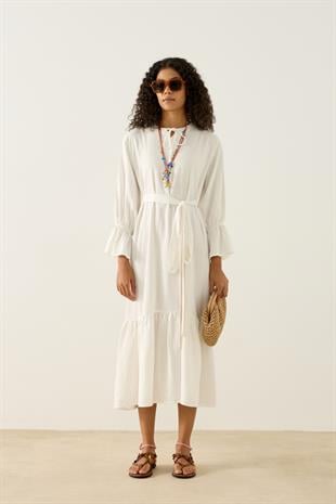 Isolde Kemerli Keten Elbise - Beyaz