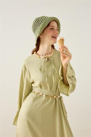 Isolde Kemerli Keten Elbise - Çağla