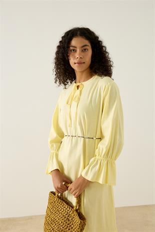 Isolde Kemerli Keten Elbise  - Sarı 