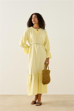 Isolde Kemerli Keten Elbise  - Sarı 