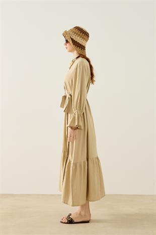 Isolde Kemerli Keten Elbise - Vizon