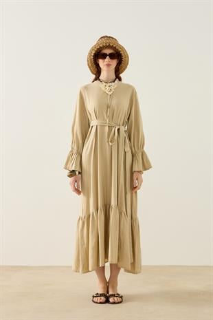 Isolde Kemerli Keten Elbise - Vizon