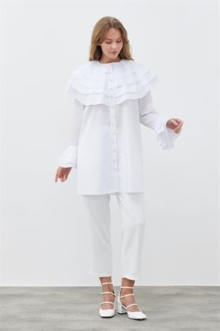 IVORY KAT YAKA İNCİ DÜĞMELİ GÖMLEK- BEYAZ