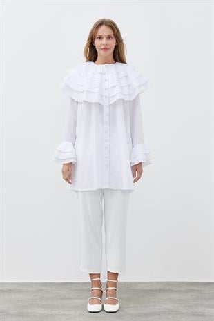 IVORY KAT YAKA İNCİ DÜĞMELİ GÖMLEK- BEYAZ