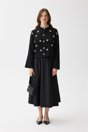 James Dikişli Kloş Poplin Etek - Siyah 