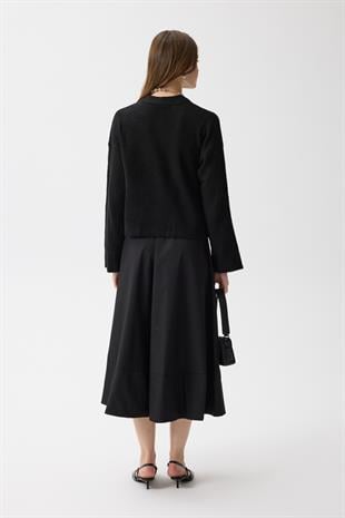 James Dikişli Kloş Poplin Etek - Siyah 