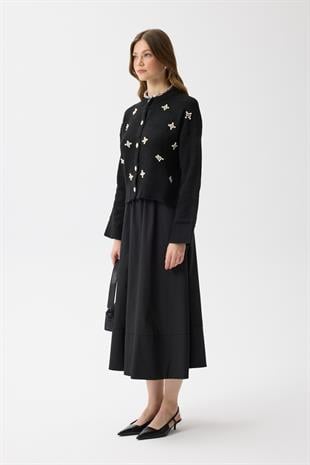 James Dikişli Kloş Poplin Etek - Siyah 