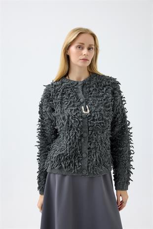 Jane Saçaklı Hırka - Antrasit 