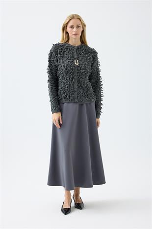 Jane Saçaklı Hırka - Antrasit 