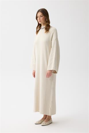 Jean Peluş Triko Elbise - Bej