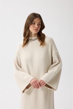 Jean Peluş Triko Elbise - Bej