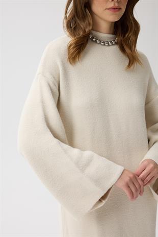 Jean Peluş Triko Elbise - Bej