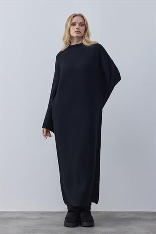 Jean Peluş Triko Elbise - Siyah