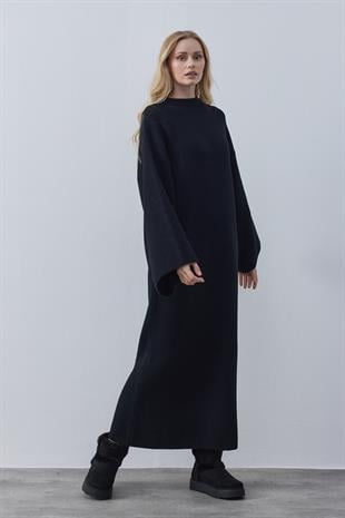 Jean Peluş Triko Elbise - Siyah