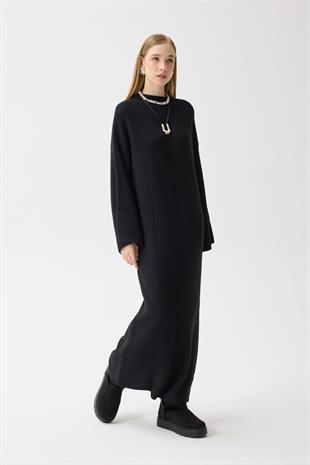 Jean Peluş Triko Elbise - Siyah