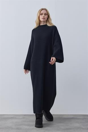 Jean Peluş Triko Elbise - Siyah