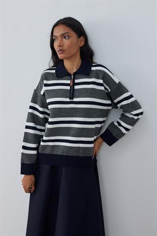 Jenifer Fermuarlı Kontrast Kazak- Lacivert