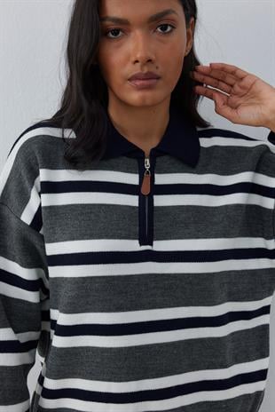 Jenifer Fermuarlı Kontrast Kazak- Lacivert