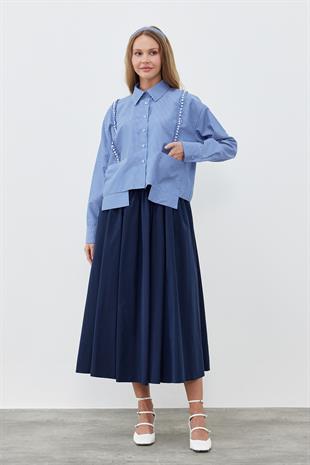 JENNY BÜZGÜLÜ GABARDİN ETEK - LACİVERT