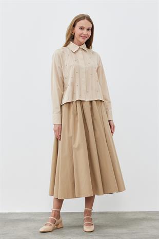 JENNY BÜZGÜLÜ GABARDİN ETEK  - VİZON