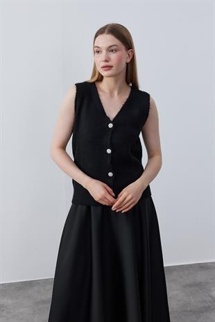 Jess Taş Düğmeli Triko Süveter-Siyah