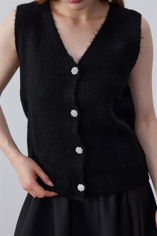 Jess Taş Düğmeli Triko Süveter-Siyah