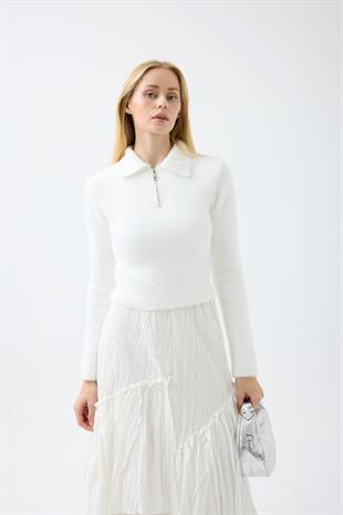 Joan Fermuarlı Triko Kazak - Beyaz 