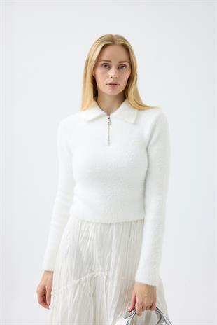 Joan Fermuarlı Triko Kazak - Beyaz 