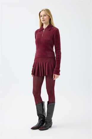 Joan Fermuarlı Triko Kazak - Bordo