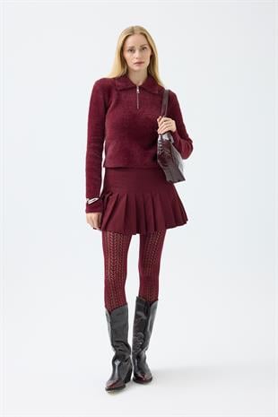 Joan Fermuarlı Triko Kazak - Bordo