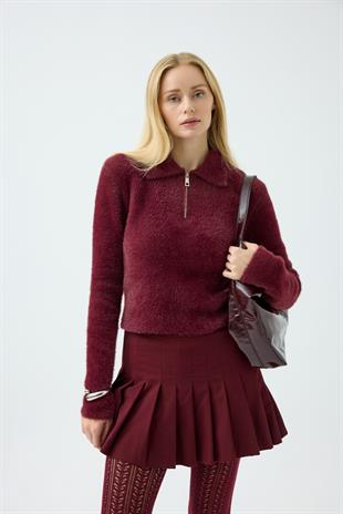 Joan Fermuarlı Triko Kazak - Bordo