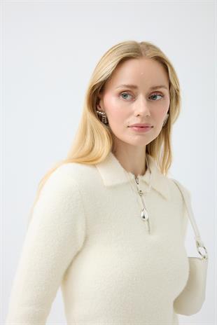 Joan Fermuarlı Triko Kazak - Ekru 