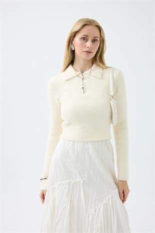 Joan Fermuarlı Triko Kazak - Ekru 