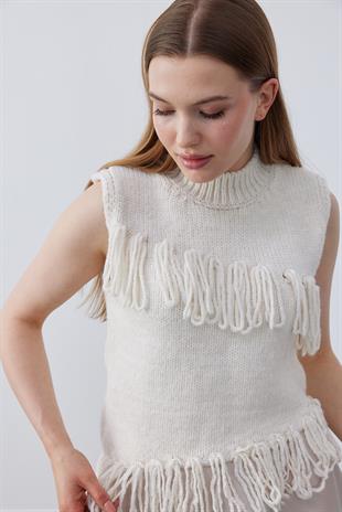 Josie Püsküllü Örme Süveter-Bej