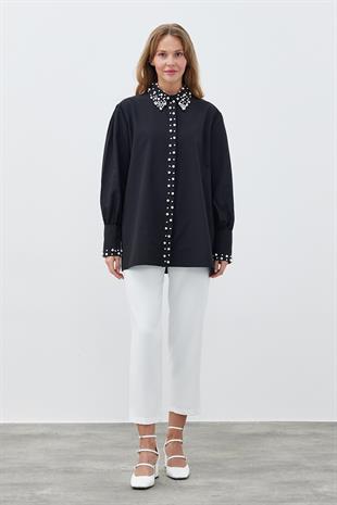 JULİA İNCİ DETAYLI GÖMLEK - SİYAH