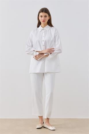 June Kalp Düğmeli Bel Ayarlı Gömlek - Beyaz