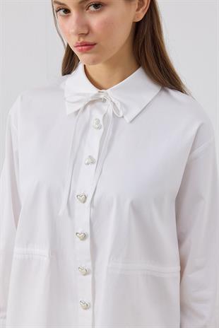 June Kalp Düğmeli Bel Ayarlı Gömlek - Beyaz