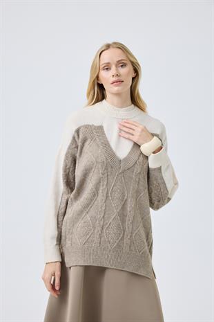 Junia Triko Parçalı Kazak  - Vizon 