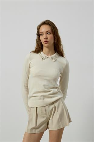 Katherine İnci ve Taş İşlemeli Bluz - Krem