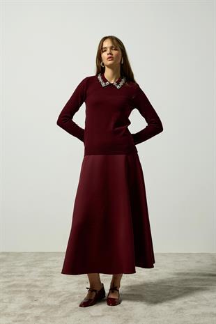 Katherine İnci ve Taş İşlemeli Bluz - Bordo