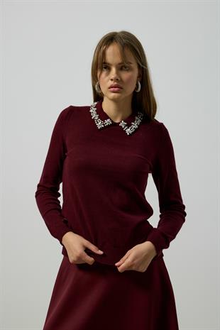 Katherine İnci ve Taş İşlemeli Bluz - Bordo