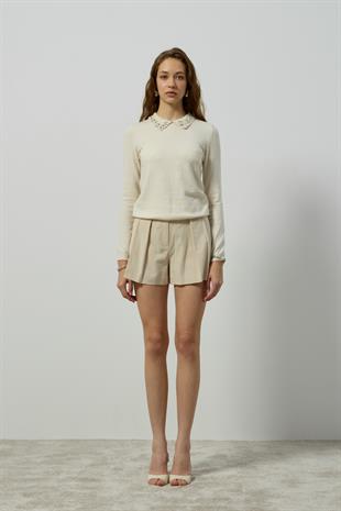 Katherine İnci ve Taş İşlemeli Bluz - Krem