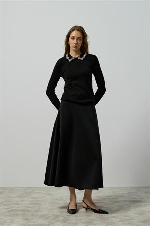 Katherine İnci ve Taş İşlemeli Bluz - Siyah