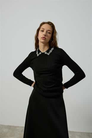 Katherine İnci ve Taş İşlemeli Bluz - Siyah