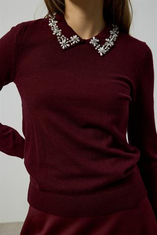 Katherine İnci ve Taş İşlemeli Bluz - Bordo