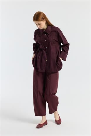 Kemerli Buggy Poplin Pantolon - Bordo